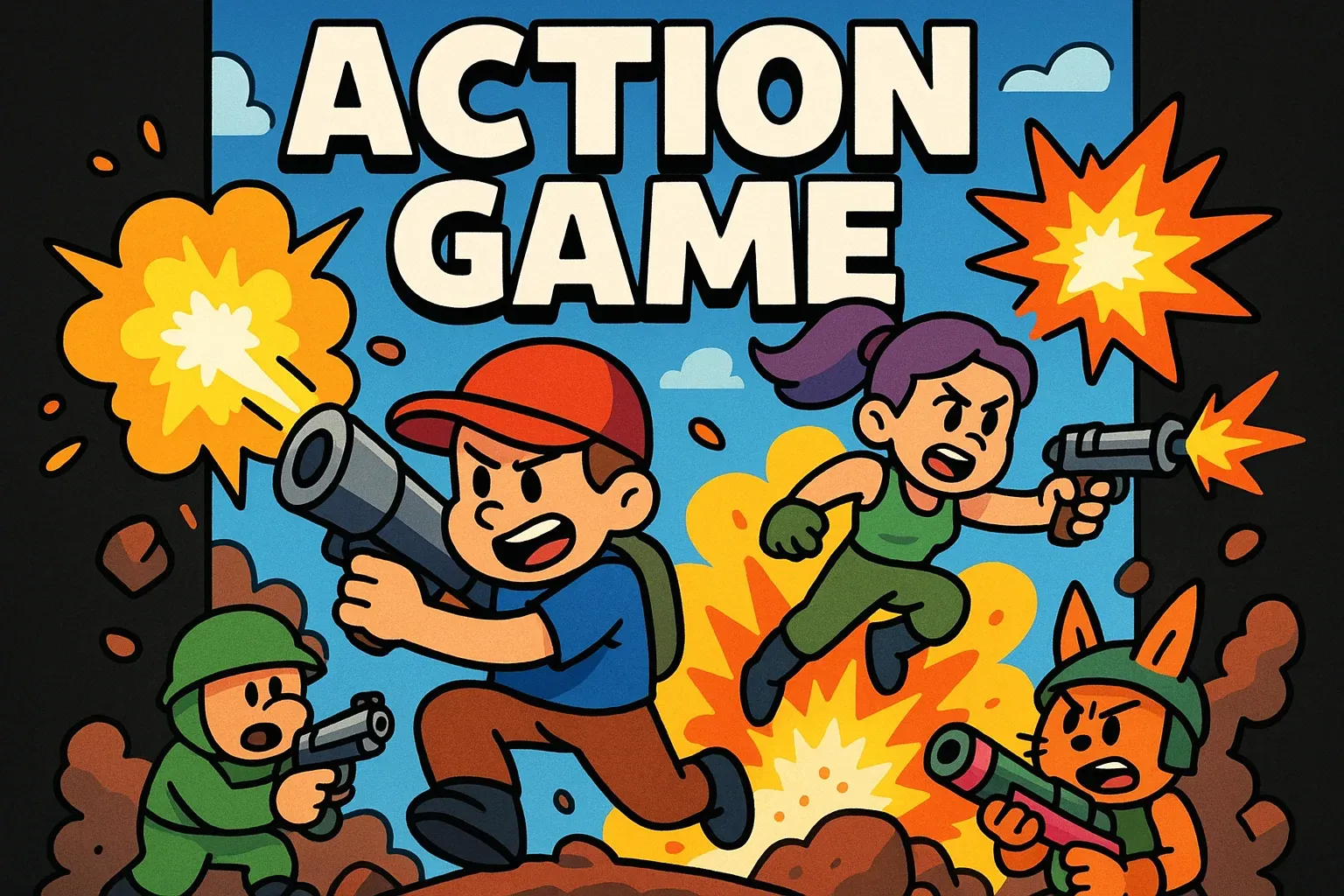 A cartoon of a boy holding a gun and a girl holding a gun.